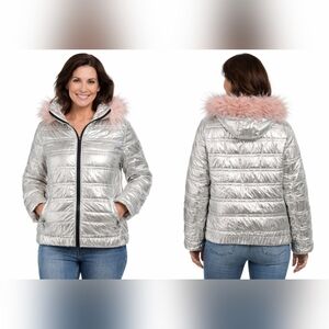 Urban Republic Silver Metallic Puffer Winter Jacket Pink Faux Fur Hood Women L